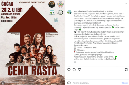 Čačak: Projekcija dokumentarnog filma „Cena rasta“ u organizaciji ekoloških udruženja