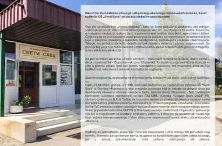 Saopštenje Saveta roditelja OŠ „Sveti Sava“ povodom otkazivanja ekskurzije milanovačkih osmaka