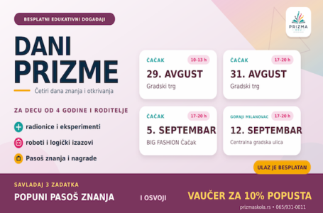 Dani Prizme stižu u Gornji Milanovac: Besplatne radionice za decu 12. septembra
